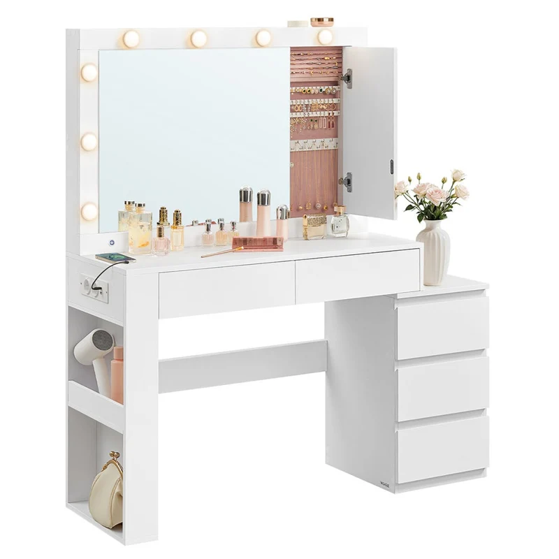 Coiffeuse table de maquillage avec tiroir avec éclairage led et miroir armoire à bijoux multiprise 40 x 125 x 140 cm conception moderne blanc nuage 12_0005180
