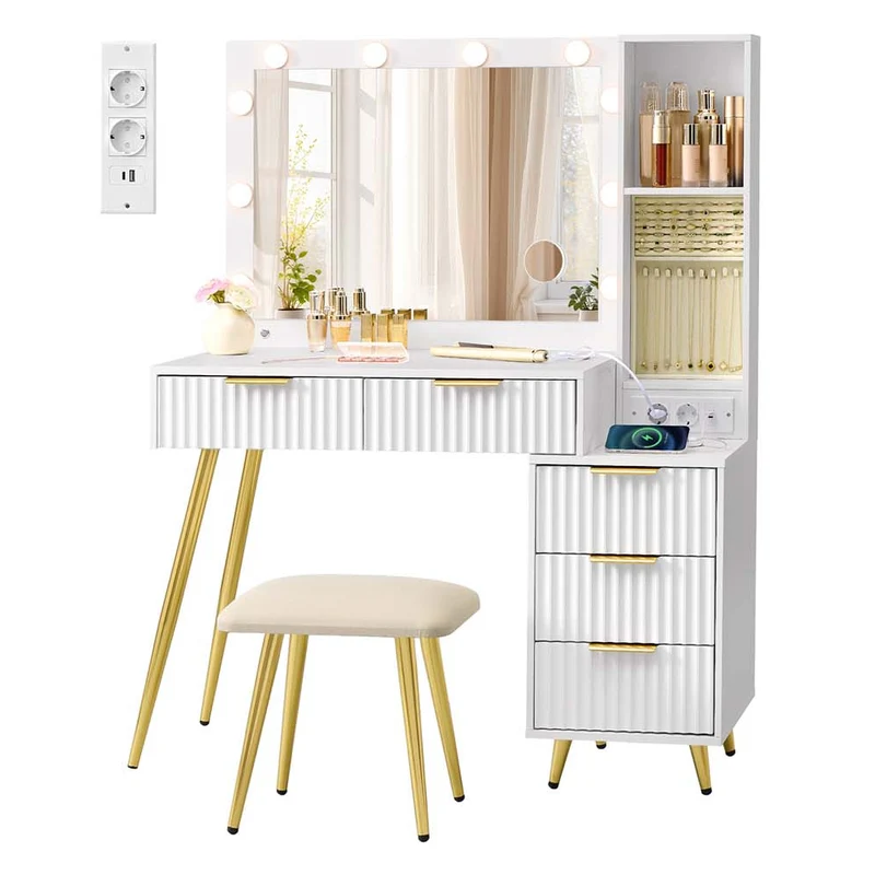 Coiffeuse avec miroir et tabouret table de maquillage 40 x 110 x 135 cm avec tiroirs loupe éclairage led plateau à bijoux multiprise blanc 12_0008057