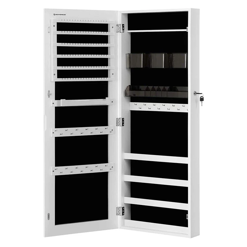Armoire à bijoux murale range-bijoux avec 2 organisateurs cosmétiques à suspendre miroir psyché sans cadre avec serrure et clés 108 cm blanc 12_0002310