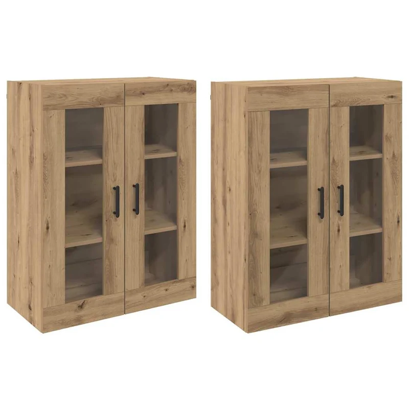 Lot de 2 armoires murales avec portes en verre pour rangement efficace 69,5 x 34 x 90 cm en bois d'ingénierie chêne artisanal 02_0056068