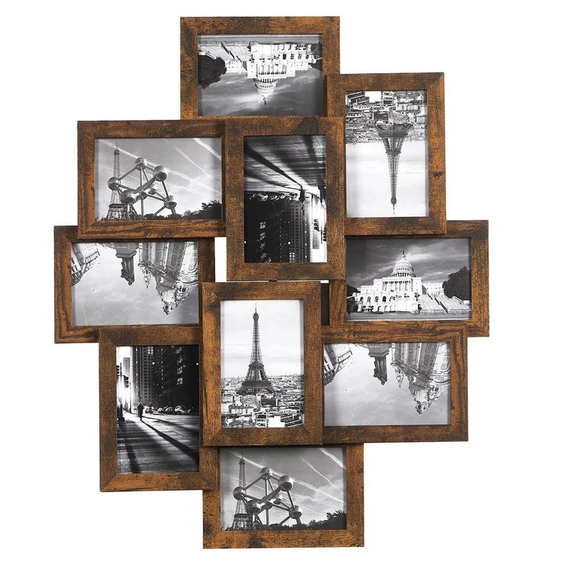 Cadre photo pêle-mêle mural capacité 10 photos de 10 x 15 cm en panneaux MDF nécessite assemblage marron rustique 12_0002559