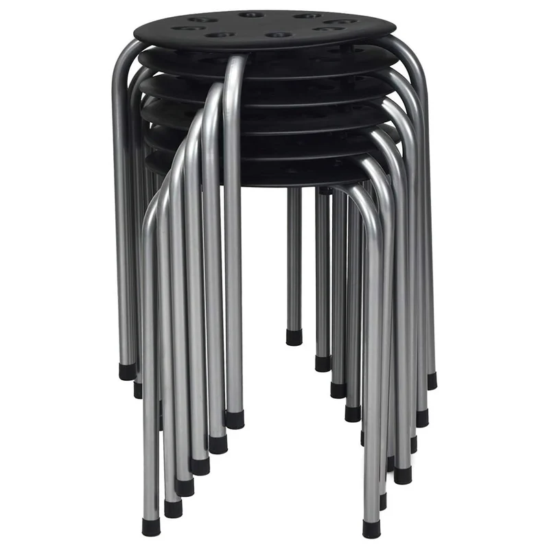 Lot de 6 tabourets empilables ronds 37 x 37 x 44 cm légers avec patins antidérapants design moderne en métal noir gris 20_0012615