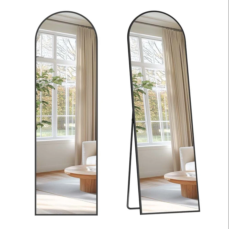 Miroir pleine longueur 150 x 40 cm miroir sur pied en forme d'arc cadre en alliage d'aluminium verre trempé pour chambre à coucher salon garde-robe noir d'encre 12_0006609