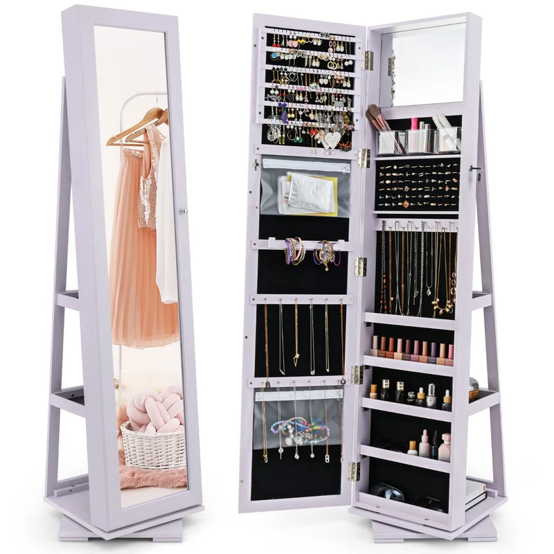 Armoire à bijoux sur pied 39 x 39 x 161 cm grande capacité verrouillable et miroir plein pied en MDF violet 20_0010342
