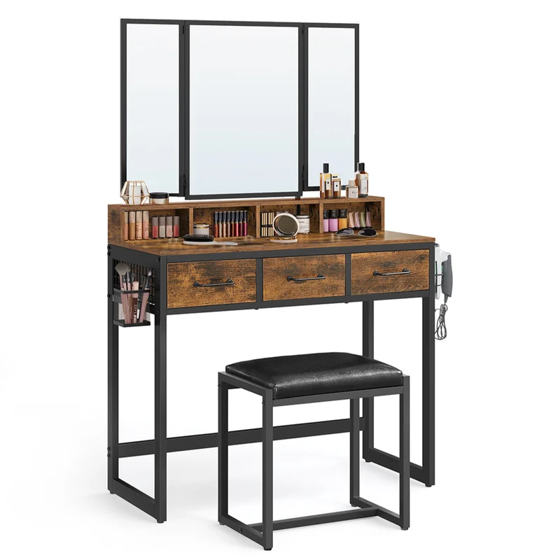 Ensemble de coiffeuse table de toilette 90 x 40 x 141 cm avec tabouret rembourré avec miroir triple 3 tiroirs porte-sèche-cheveux pot style industriel marron 12_0005417