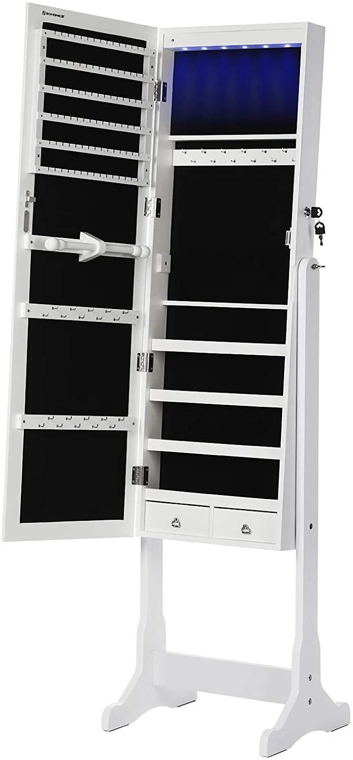 Armoire à bijoux meuble chambre LED intérieur 151 cm MDF blanc 12_0000170