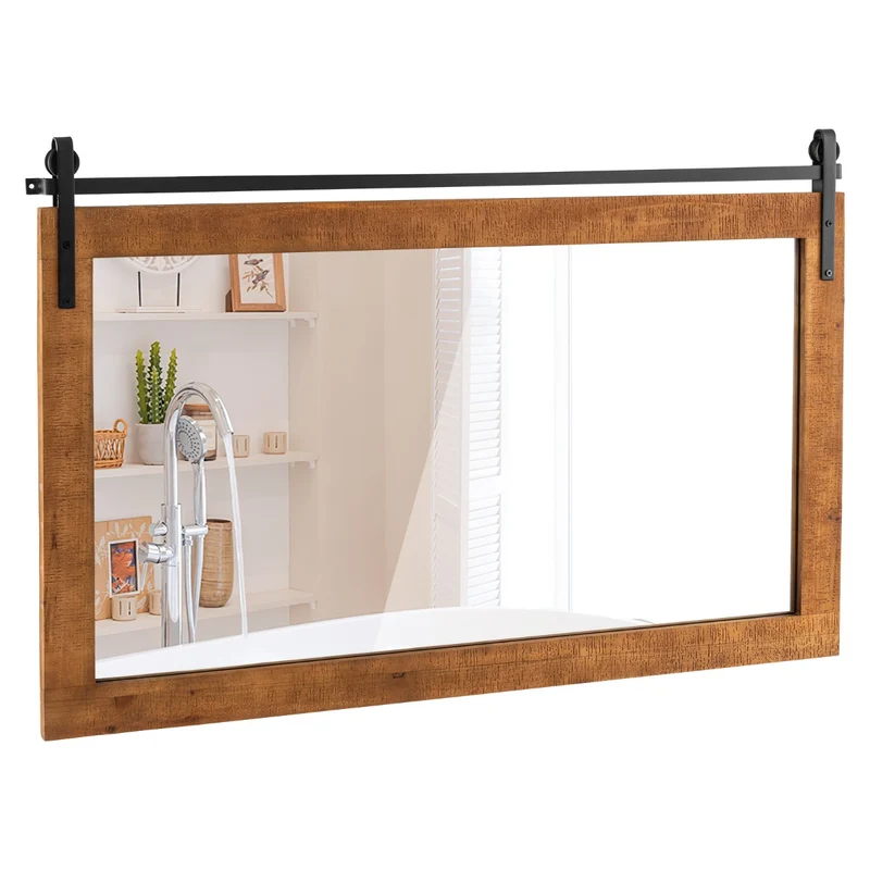 Miroir mural rectangulaire 100 x 66 cm design ferme et vintage effet de réflexion clair touche rustique en bois marron 20_0020079