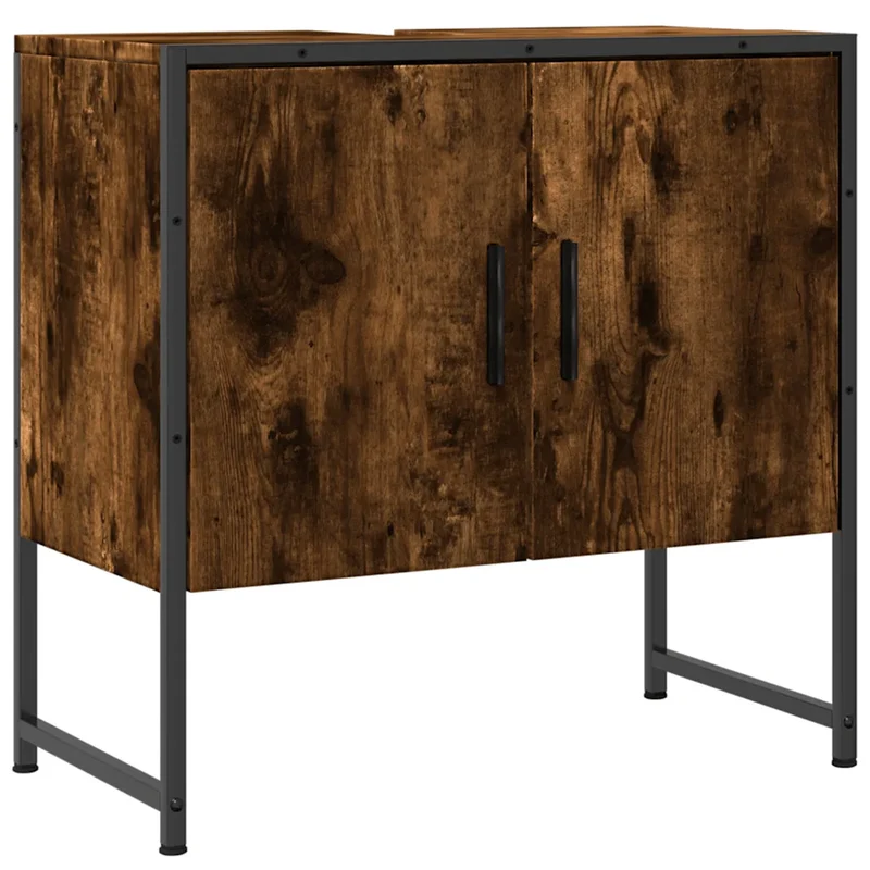 Armoire lavabo salle de bain compact design moderne rangement 60 x 33 x 60 cm en bois chêne fumé 02_0049452