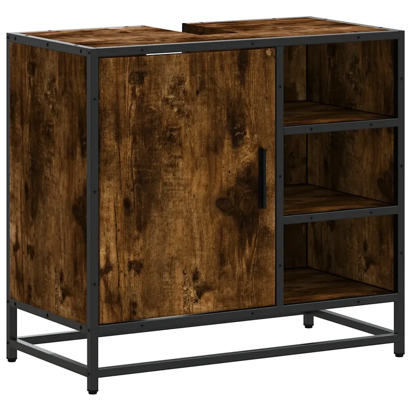Armoire de lavabo rétro élégante salle de bain 65 x 33 x 60 cm espace de rangement style industriel en bois chêne fumé 02_0049669