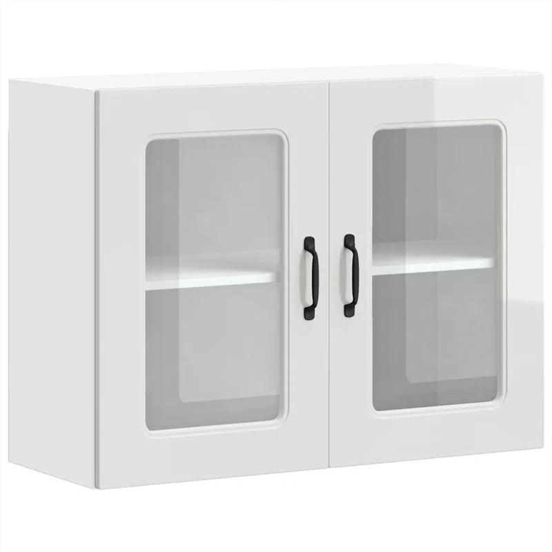 Armoire murale de cuisine avec porte vitrée grand espace rangement 80 x 31 x 60 cm en bois d'ingénierie blanc brillant 02_0050014